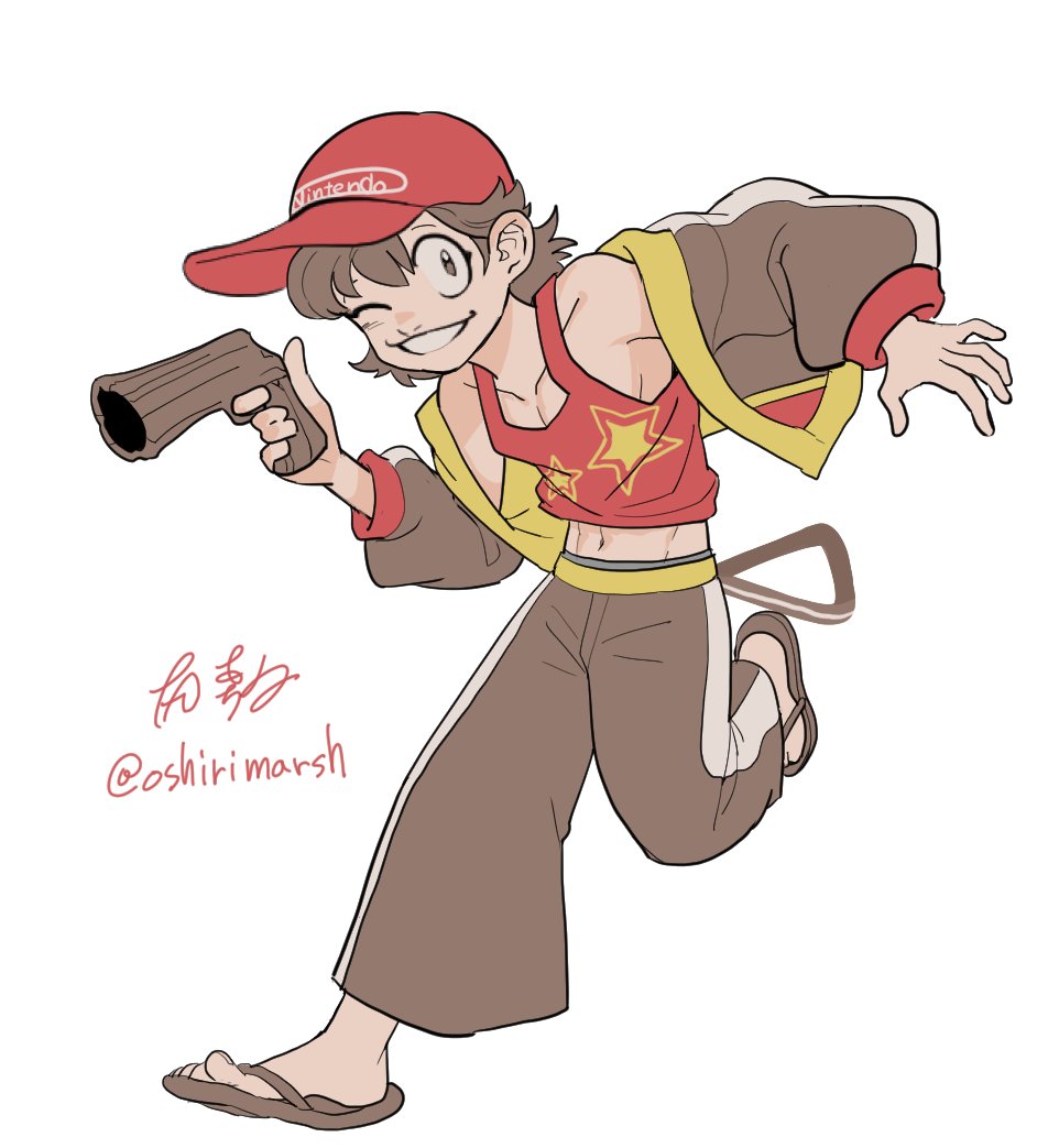 1boy baseball_cap brown_eyes brown_hair brown_jacket brown_pants dancho_no_mori diddy_kong donkey_kong_(series) donkey_kong_country flip-flops full_body grin gun handgun hat holding holding_gun holding_weapon humanization jacket leg_up male_focus midriff navel nintendo one_eye_closed open_clothes open_jacket pants print_headwear red_tank_top sandals short_hair smile tank_top weapon white_background