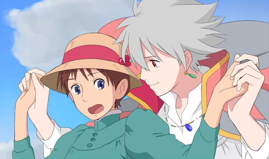 2boys brown_hair cosplay derivative_work earrings gainax howl howl_(cosplay) howl_(howl_no_ugoku_shiro) howl_(howl_no_ugoku_shiro)_(cosplay) howl_no_ugoku_shiro ikari_shinji jewelry male_focus multiple_boys nagisa_kaworu neon_genesis_evangelion parody red_eyes short_hair smile sophie sophie_(cosplay) sophie_(howl_no_ugoku_shiro) sophie_(howl_no_ugoku_shiro)_(cosplay) studio_ghibli white_hair