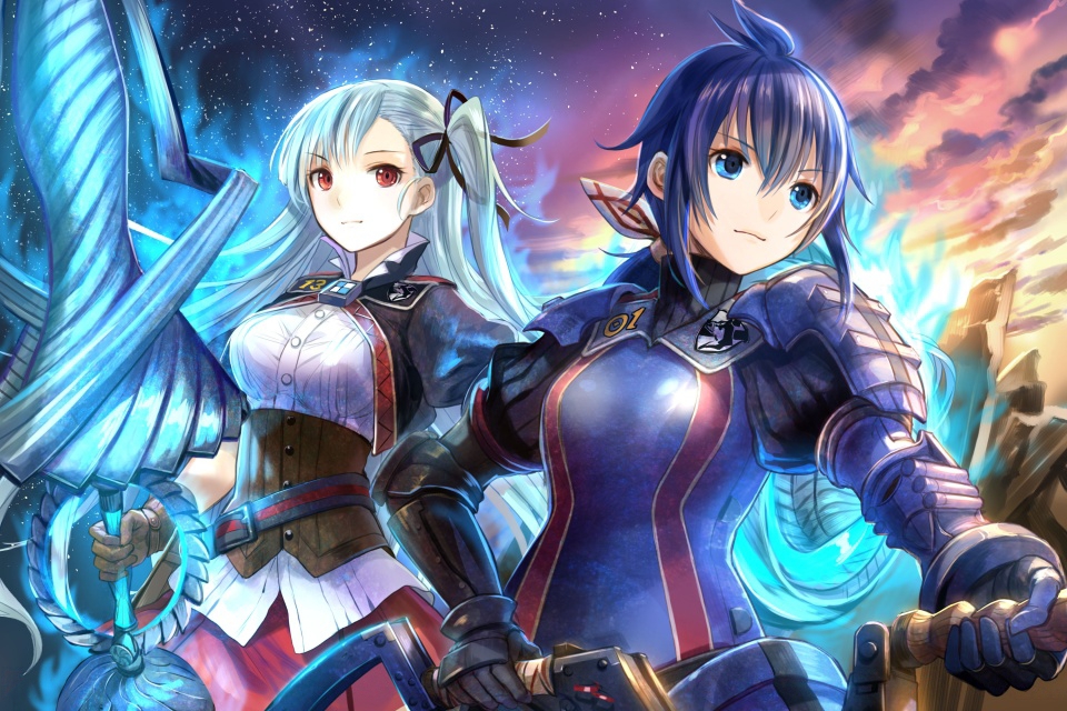 00s 10s 2girls armor black_ribbon blue_eyes blue_hair brown_gloves corset fuzichoco gloves hair_ribbon holding holding_weapon imca lance long_hair military military_uniform multiple_girls night one_side_up outdoors pauldrons pleated_skirt polearm red_eyes red_gloves ribbon riela_marcellis senjou_no_valkyria senjou_no_valkyria_(series) senjou_no_valkyria_3 shirt shoulder_armor sidelocks silver_hair skirt sky star_(sky) starry_sky taut_clothes taut_shirt underbust weapon