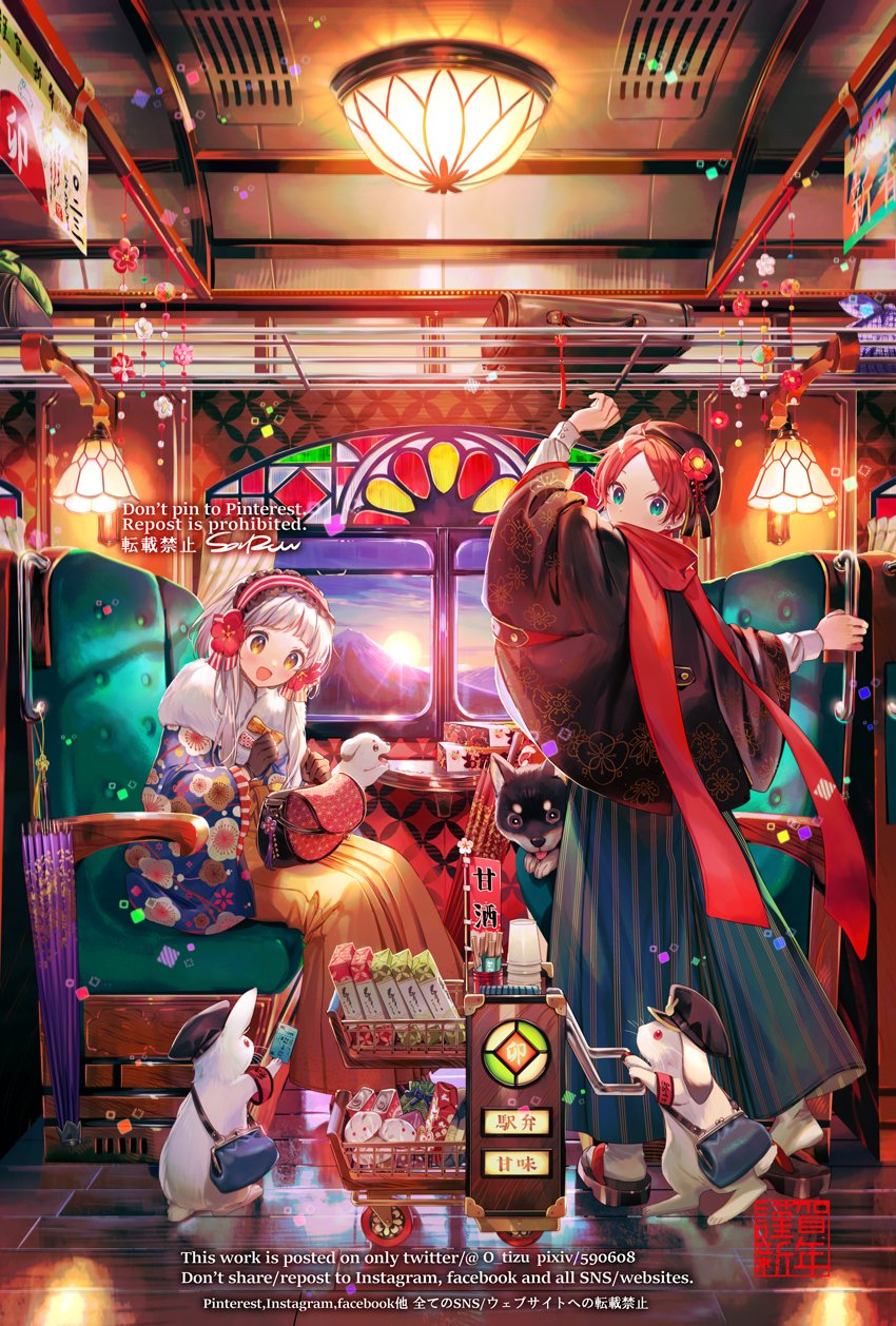 2girls coat dog green_eyes hat highres multiple_girls naru_(andante) original rabbit sitting standing suitcase train white_hair window