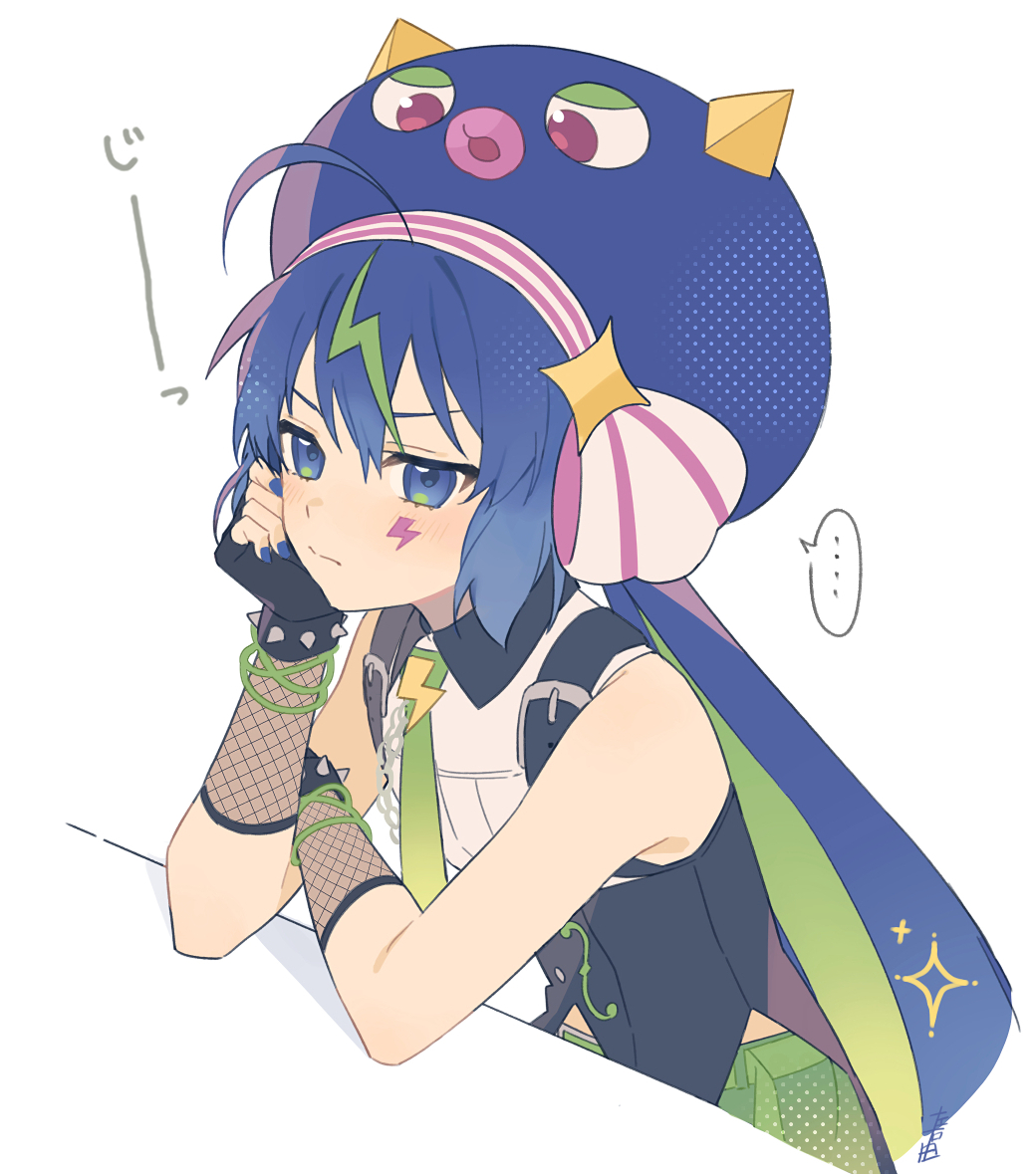 ... 1girl ahoge annoyed bare_shoulders belt black_gloves blue_eyes blue_hair blue_hat blue_nails bracelet buttons closed_mouth collared_shirt colored_inner_hair facial_mark fingerless_gloves fishnet_armwear fishnets gloves green_hair green_necktie hair_between_eyes hand_on_own_arm hand_on_own_face hat jewelry lightning_bolt_facial_mark lightning_bolt_symbol long_hair looking_at_viewer multicolored_hair necktie otomachi_una otomachi_una_(spicy) otomachi_una_(vocaloid6_spicy) pink_trim see-through_clothes shirt shorts sleeveless sleeveless_shirt solo sparkle spiked_bracelet spikes spoken_ellipsis streaked_hair suiso_sn3 twintails v-shaped_eyebrows vocaloid white_background white_shirt
