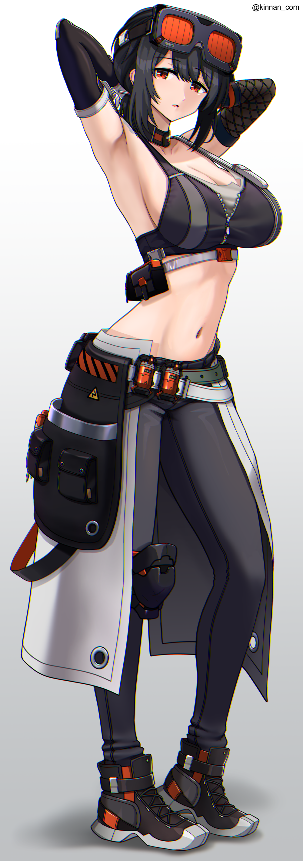 1girl absurdres armpits belt black_hair black_pants black_shoes breasts chromatic_aberration cleavage crop_top full_body goggles goggles_on_head grace_howard grey_background hair_between_eyes highres kinnan large_breasts leggings looking_at_viewer midriff navel open_mouth pants partially_unzipped red_eyes shoes sidelocks sneakers solo stomach white_background zenless_zone_zero
