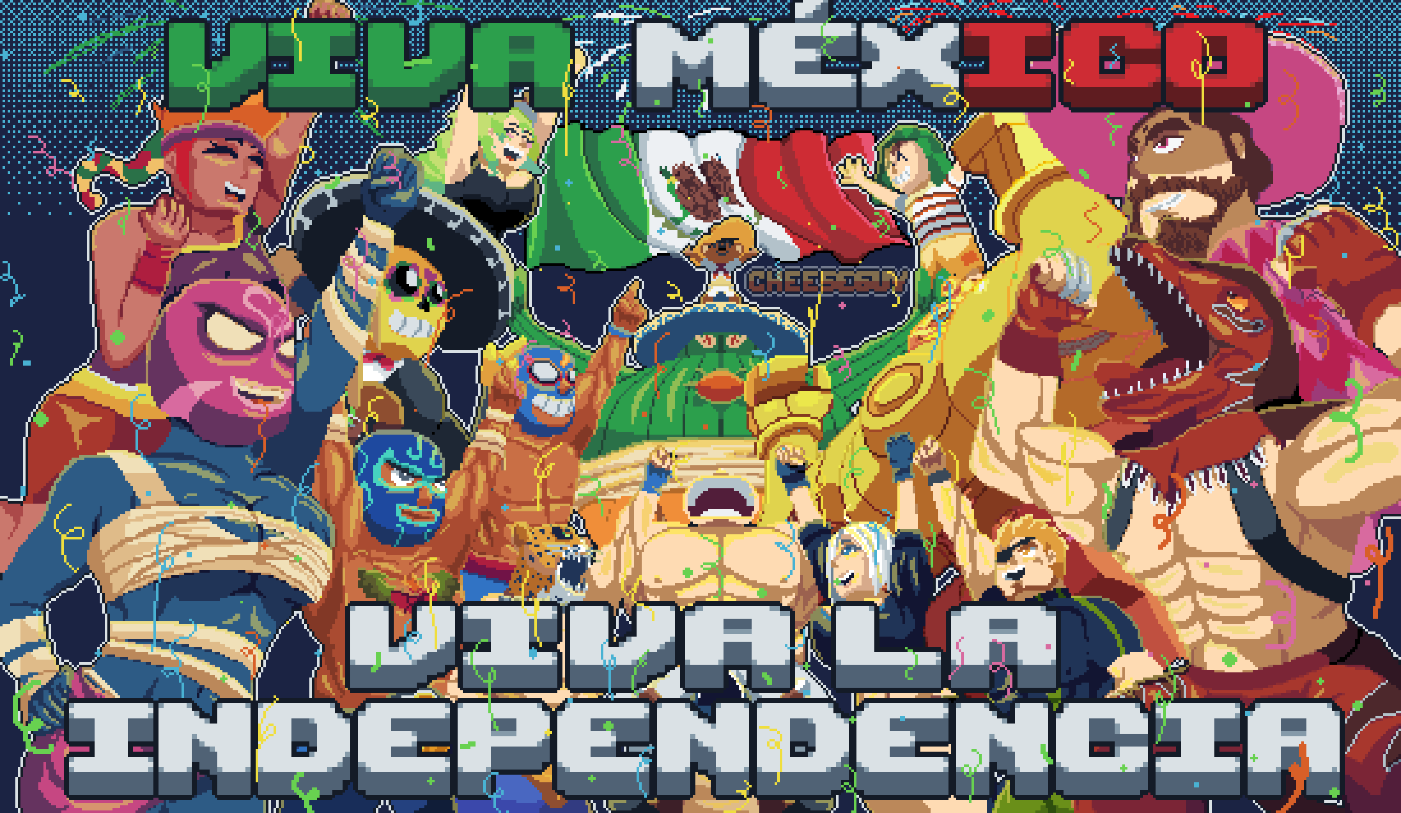 amingo angel_(kof) animal_head aztec bandaged_chest bra brawl_stars breasts cactus capcom chaoscut charro cormano_wild cropped_jacket dia_de_muertos dinosaur_boy dinosaur_costume el_chavo_del_ocho el_primo_(brawl_stars) fingerless_gloves gloves guacamelee! hair_over_one_eye hat highres jacket jaguar jaguar_boy juan_(guacamelee) king_(tekken) king_of_dinosaurs large_breasts leather leather_jacket luchador lucoa_(maidragon) mariachi marvel_vs._capcom marvel_vs._capcom_2 mask mexican_flag mexico namco huitzil_(darkstalkers) pixel_art poco poncho ramon_(kof) robot shirt snk sombrero spanish_text speedy_gonzales strapless strapless_bra striped_clothes striped_shirt sunset_riders tekken the_king_of_fighters the_king_of_fighters_xiv tiger_mask tostada trait_connection underwear darkstalkers video_game waving_flag wrestler wrestling_mask