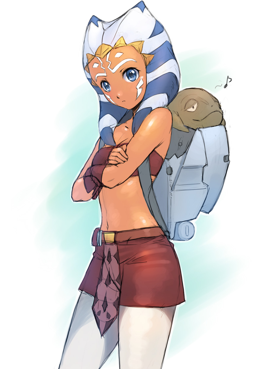 1girl ahsoka_tano alien animification backpack bag bandeau bare_shoulders belt black_skirt blue_eyes breasts carrying cleavage clone_wars colored_skin crossed_arms facial_mark female_focus fingerless_gloves forehead_mark frown gloves highres loincloth looking_at_viewer looking_back midriff miniskirt musical_note navel orange_skin pantyhose profile rotta_the_hutt size_difference skirt small_breasts solo standing star_wars star_wars:_the_clone_wars strapless striped_clothes striped_headwear tan tentacle_hair togruta tube_top uchiu_kazuma white_pantyhose wrist_cuffs