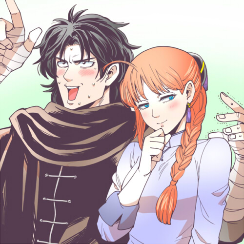 1boy 1girl 3mm aged_down bad_id bad_pixiv_id bandaged_arm bandages black_hair blue_eyes blush braid chinese_clothes couple earrings gintama gradient_background hetero jewelry kouka_(gintama) lowres orange_hair scarf single_braid sweatdrop tassel tassel_earrings umibouzu_(gintama)