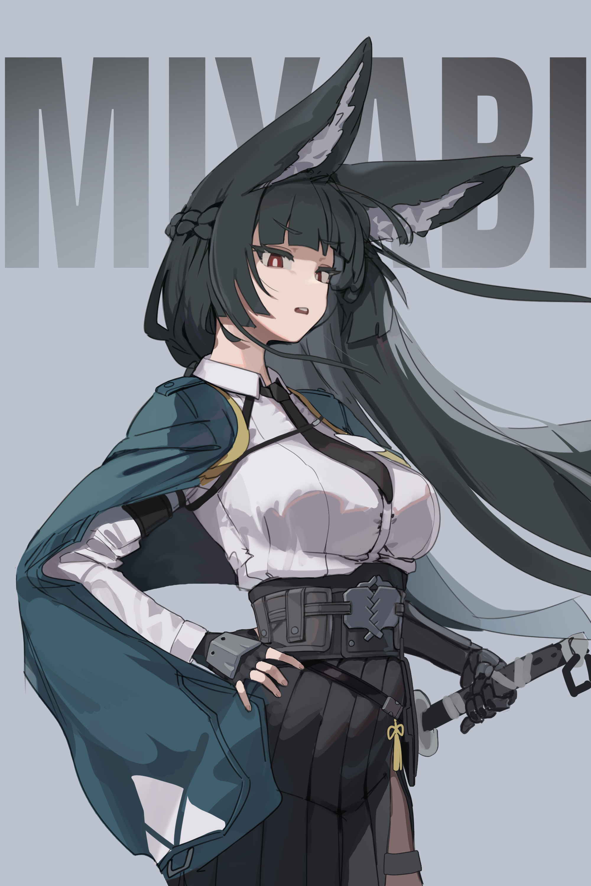 1girl absurdres animal_ears black_gloves black_hair black_pantyhose blunt_bangs braid breasts character_name commentary english_commentary fingerless_gloves fox_ears frown gloves grey_background gya_rb hand_on_own_hip highres holding holding_sword holding_weapon hoshimi_miyabi katana large_breasts long_hair necktie open_mouth pantyhose pleated_skirt red_eyes sheath sheathed simple_background skirt solo sword teeth variant_set weapon zenless_zone_zero