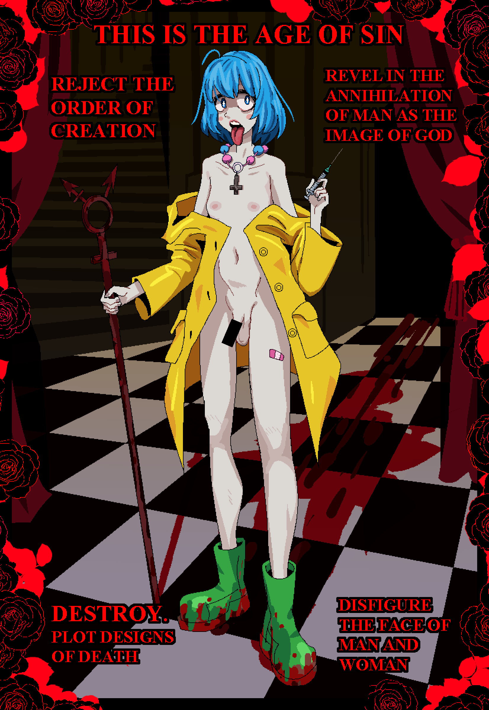 1futa absurdres bandaid bead_necklace beads blue_eyes blue_hair breasts censored checkered_floor coat collarbone cross cross_necklace english_text functionally_nude futanari highres holding holding_needle holding_staff hood hood_down hooded_jacket hoodie inverted_cross inverted_cross_necklace jacket jewelry jubilee_2025 luce_(jubilee_2025) lunaticker necklace needle penis raincoat small_breasts small_penis solo staff tagme testicles tongue tongue_out transgender_colors transgender_symbol