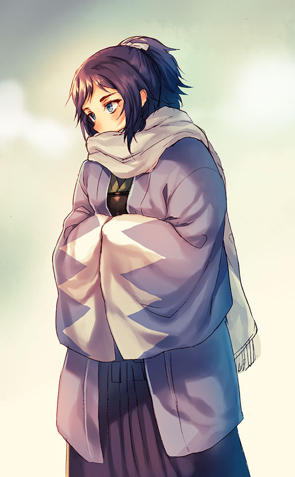 10s 1boy black_hair blue_eyes hands_in_opposite_sleeves haori japanese_clothes male_focus mole mole_under_eye personification ponytail scarf shinsengumi solo tenkuu_sphere touken_ranbu yamato-no-kami_yasusada
