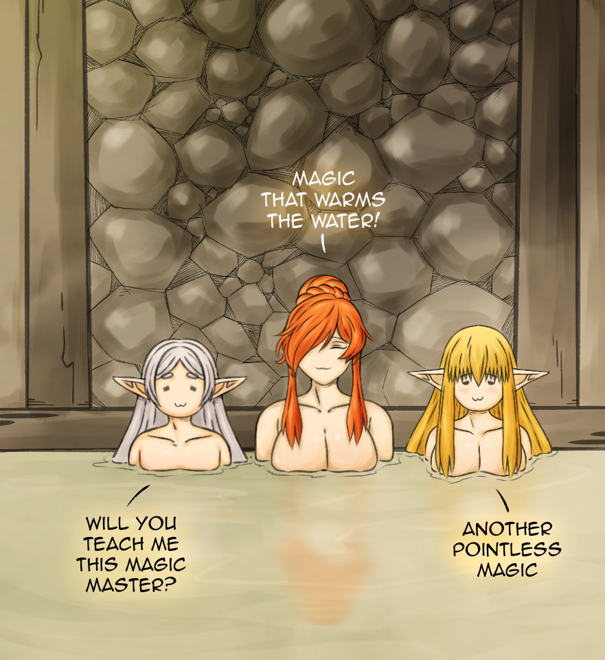 3girls :3 =_= basedlida bath blonde_hair braid breasts commentary english_text flamme_(sousou_no_frieren) flat_chest frieren grey_hair hair_bun hair_down hair_over_one_eye large_breasts multiple_girls orange_hair partially_submerged pointy_ears serie_(sousou_no_frieren) single_hair_bun sousou_no_frieren
