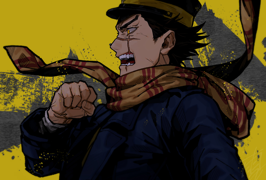 1boy black_coat clenched_hand coat fangs from_side golden_kamuy grmms_otk male_focus open_mouth orange_eyes scar scar_on_face scar_on_nose scarf sharp_teeth shouting solo sugimoto_saichi teeth
