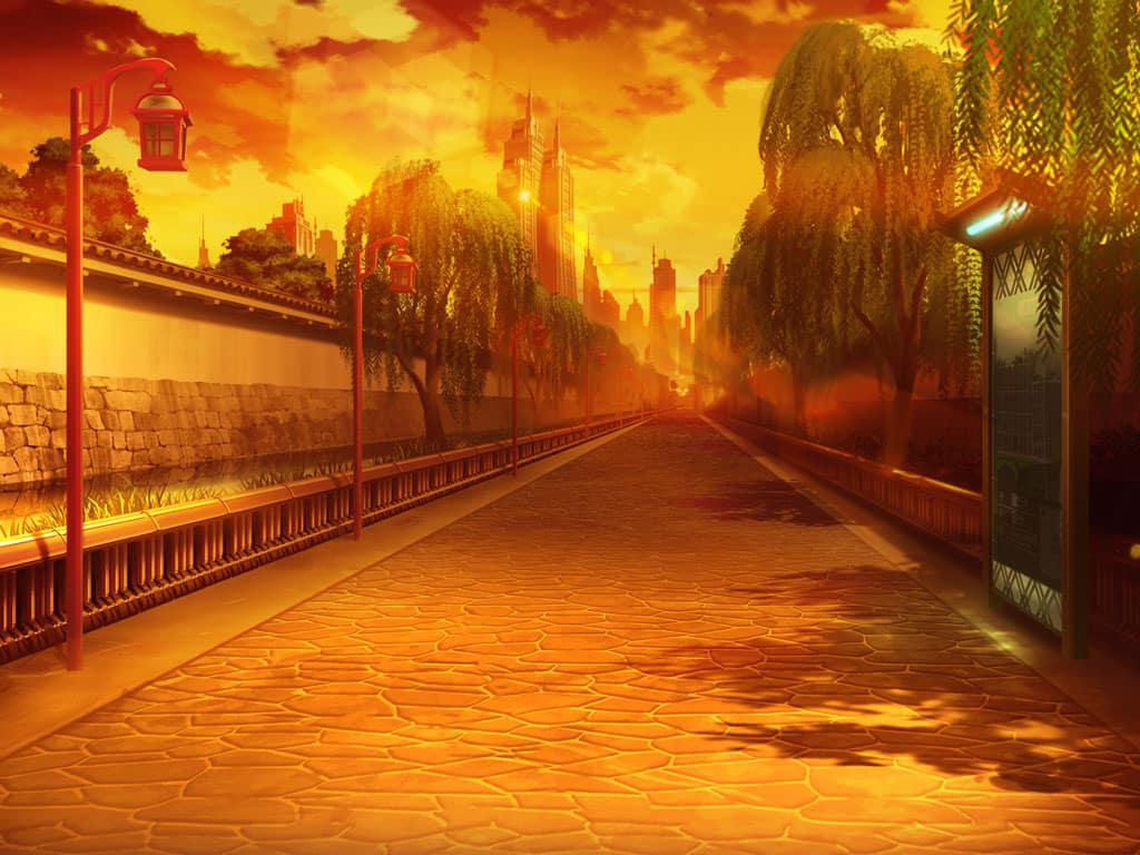 artist_request bush city cloud cobblestone game_cg magia_record:_mahou_shoujo_madoka_magica_gaiden mahou_shoujo_madoka_magica no_humans official_art orange_sky outdoors path road scenery shade sky sunset willow