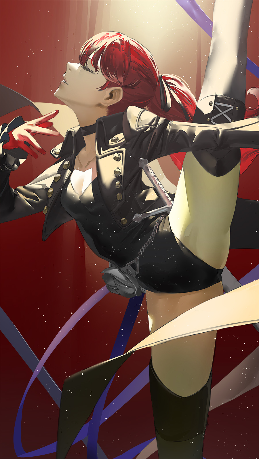 1girl black_choker black_jacket black_leotard black_ribbon blazpu buttons chain choker closed_eyes cropped_jacket frilled_sleeves frills gloves gymnastics_ribbon hair_ribbon highleg highleg_leotard highres jacket leotard leotard_under_clothes long_hair long_sleeves parted_lips persona persona_5 persona_5_the_royal ponytail profile red_gloves red_hair ribbon solo standing standing_on_one_leg sword weapon yoshizawa_kasumi