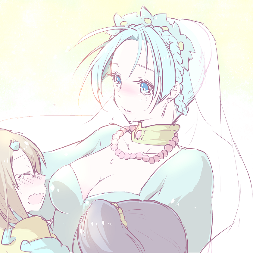 1boy 2girls aqua_hair black_hair blue_eyes blush braid breasts brown_hair choker cleavage crying dress closed_eyes flower grune_(tales) hair_ornament jay_(tales) jewelry multiple_girls necklace norma_beatty open_mouth short_hair side_ponytail tales_of_(series) tales_of_legendia tears veil