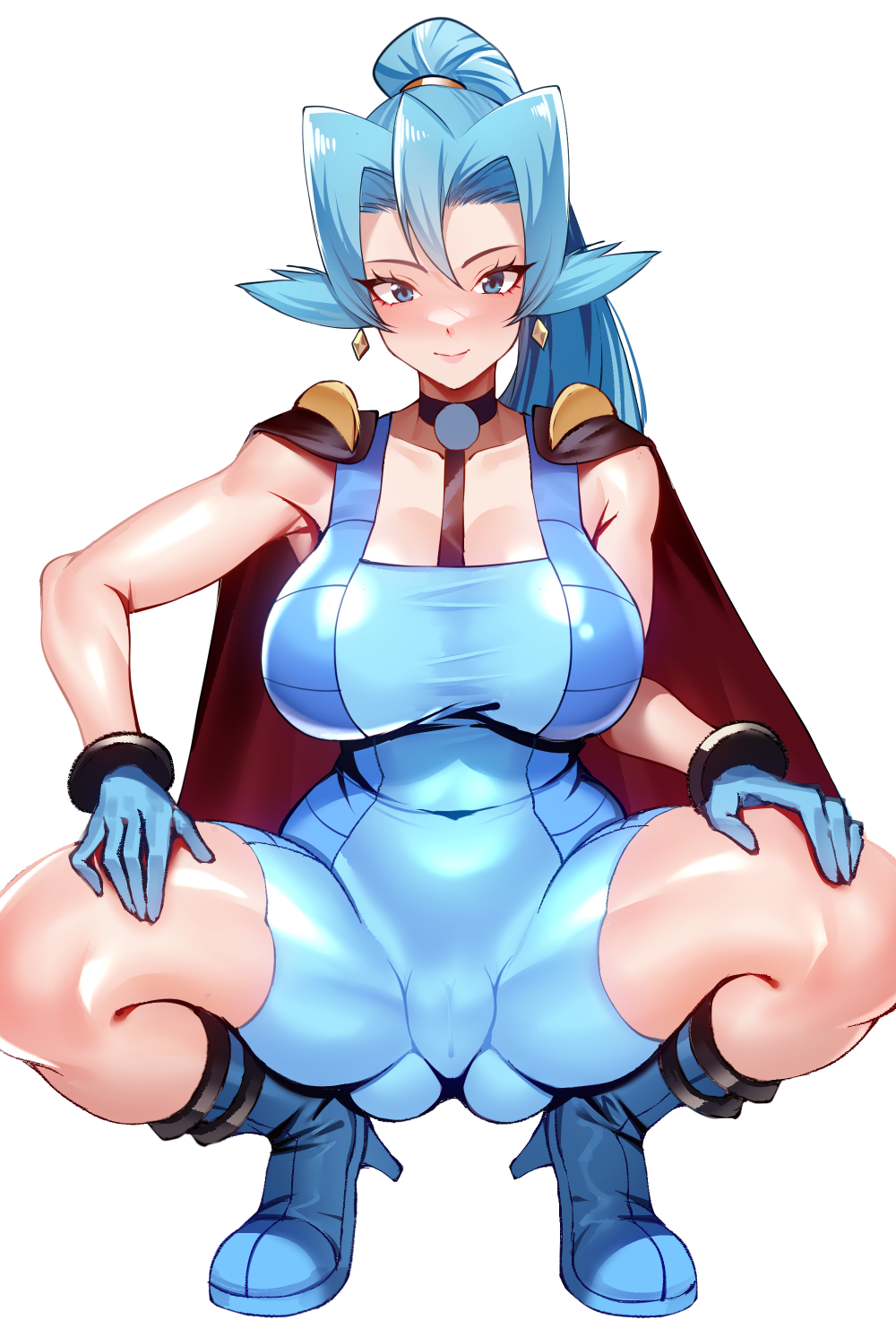 1girl armpit_crease blue_bodysuit blue_boots blue_eyes blue_gloves blue_hair blush bodysuit boots breasts breasts_apart cameltoe cape censored choker clair_(pokemon) collarbone covered_navel gloves gluteal_fold hair_between_eyes hands_on_own_knees high_heel_boots high_heels highres large_breasts light_smile low_neckline mosaic_censoring nintendo pokemon pokemon_hgss ponytail red_cape shiny_skin simple_background skin_tight solo spread_legs squatting thick_thighs thighs volyz white_background wide_hips