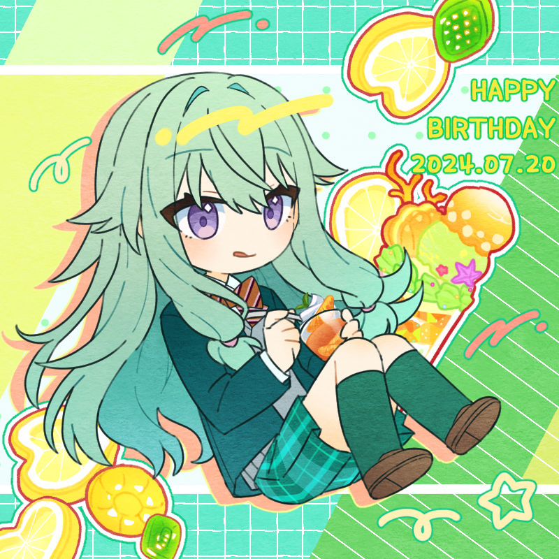 1girl :q brown_shoes canvas_pastel chibi chibi_only closed_mouth commentary_request cup dated drop_shadow food fruit full_body green_background green_jacket green_skirt green_socks green_theme grey_sweater hair_between_eyes hair_intakes happy_birthday holding holding_cup invisible_chair jacket kneehighs knees_together_feet_apart knees_up kusanagi_nene layered_sleeves lemon lemon_slice loafers long_hair long_sleeves low-tied_sidelocks mandarin_orange_slice miniskirt open_clothes open_jacket plaid_clothes plaid_skirt pleated_skirt project_sekai purple_eyes school_uniform shoes sidelocks simple_background sitting skirt smile socks solo sweater tongue tongue_out