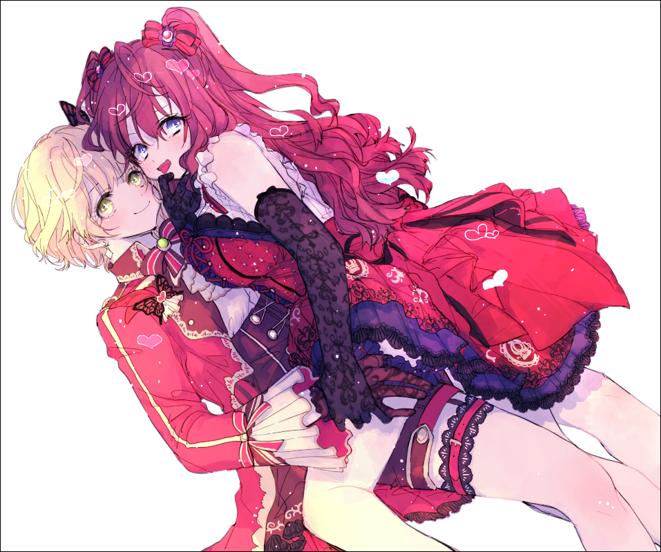 2girls amane_(7783) ascot black_gloves blonde_hair bow bowtie closed_mouth commentary_request dress elbow_gloves gloves green_eyes hair_bow hand_on_another&#039;s_thigh heart ichinose_shiki idolmaster idolmaster_cinderella_girls jacket long_hair miyamoto_frederica multiple_girls purple_eyes red_bow red_bowtie red_dress red_hair red_jacket short_hair simple_background sitting sitting_on_lap sitting_on_person smile thigh_strap tongue tongue_out white_ascot white_background yuri