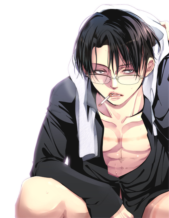 1boy bad_id bad_pixiv_id bespectacled black_hair casual cigarette glasses levi_(shingeki_no_kyojin) male_focus shingeki_no_kyojin shirai solo towel towel_around_neck