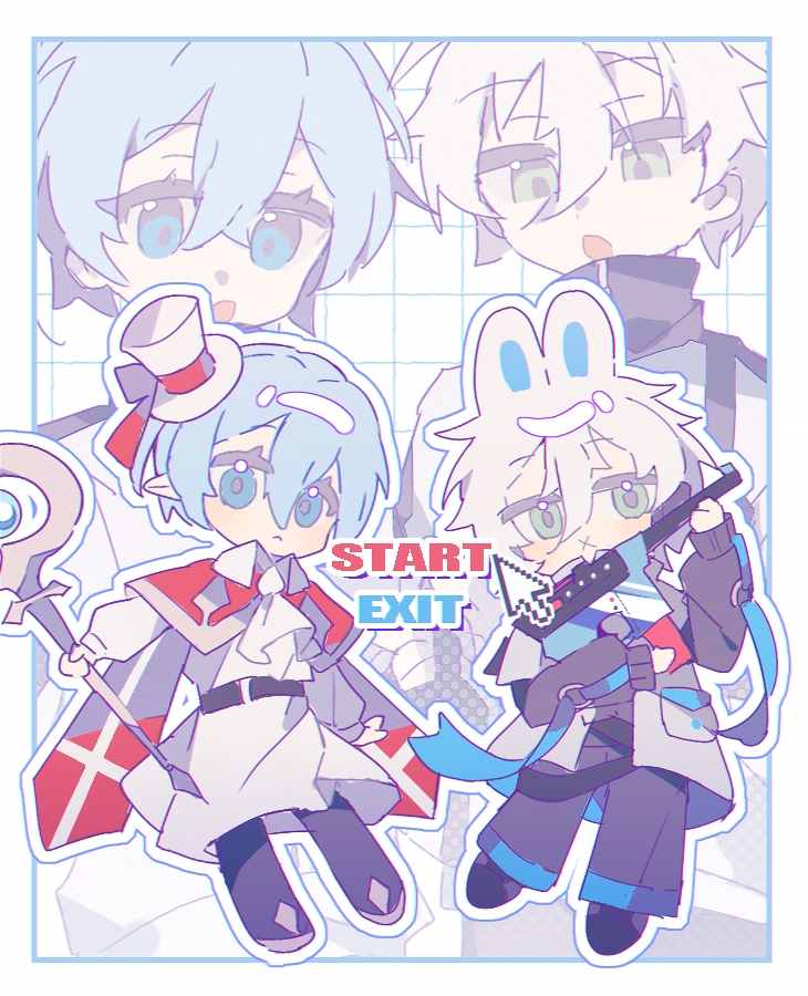 2boys :&lt; animal_ears belt black_pants blue_eyes blue_hair blue_lock blush border capelet fake_animal_ears full_body green_eyes grey_capelet grey_jacket gun hair_between_eyes handgun hat holding holding_gun holding_staff holding_weapon jacket looking_at_viewer male_focus mauser_c96 mini_hat mini_top_hat multiple_boys nagi_seishirou open_clothes open_jacket pants pointy_ears projected_inset rabbit_ears robe sen_(5710265) short_hair sidelocks staff top_hat weapon white_border white_hair white_headwear white_robe x you_hiori