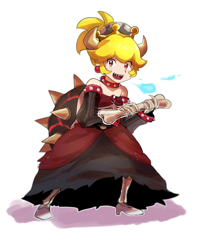 black_dress blonde_hair blue_fire bone bowsette breath_weapon breathing_fire choker dress dry_bowser fire high_heels mario_(series) nintendo red_eyes sharp_teeth skeleton solo super_crown teeth torn_clothes