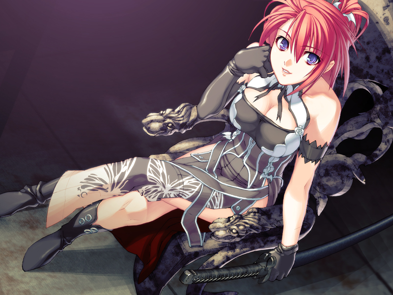 1girl asymmetrical_gloves black_footwear black_gloves black_ribbon blue_eyes breasts cleavage dress elbow_gloves from_above game_cg gloves grey_dress hair_between_eyes holding holding_sheath ignis_(jingai_makyou) jingai_makyou katana large_breasts looking_at_viewer looking_up neck_ribbon nishii_(damnedrive) official_art parted_lips print_dress red_hair ribbon sheath sheathed side_slit sitting sleeveless sleeveless_dress smile solo sword weapon