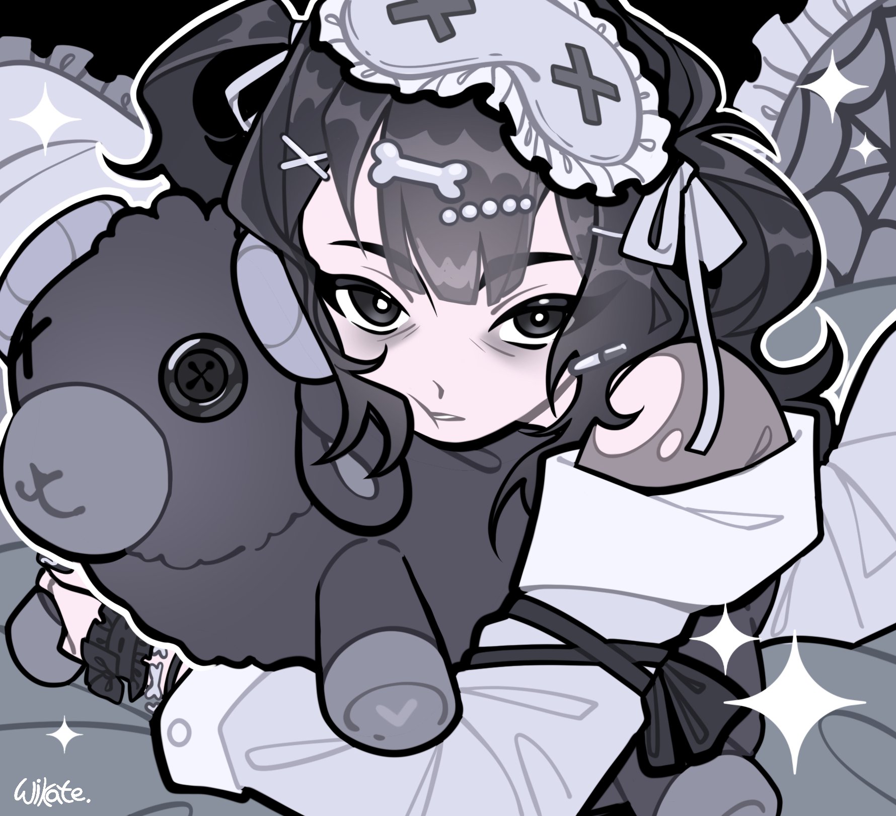 bags_under_eyes beads black_background black_bow black_eyes black_hair black_jacket black_wrist_cuffs blunt_bangs bodysuit bodysuit_under_clothes bone_hair_ornament bow bright_pupils buttons cheek_squash collared_jacket commission expressionless eyes_visible_through_hair frilled_wrist_cuffs frills grey_bodysuit grey_mask grey_ribbon grey_skirt grey_sleeves grey_theme hair_beads hair_ornament hair_ribbon hairclip highres holding holding_staff hugging_object jacket long_hair long_sleeves lying mask mask_on_head on_bed on_stomach original outline parted_lips pleated_skirt ribbon sidelocks silk skirt sleep_mask sleeve_cuffs sparkle spider_web staff stuffed_animal stuffed_sheep stuffed_toy torn_bodysuit torn_clothes two-tone_skirt two_side_up white_outline white_pupils white_skirt white_sleeve_cuffs wikate wrist_bow wrist_cuffs x_hair_ornament