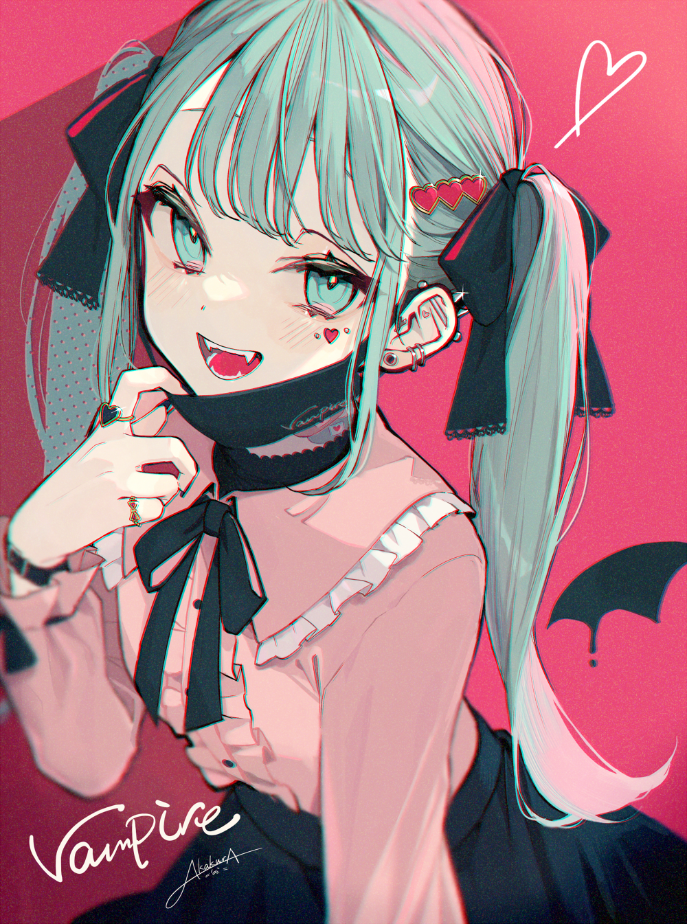 1girl :d akakura aqua_eyes aqua_hair bat_wings black_bow black_bowtie black_ribbon black_skirt bow bowtie bracelet center_frills commentary_request ear_piercing fangs frills hair_ornament hair_ribbon hatsune_miku heart heart_hair_ornament heart_tattoo highres jewelry jirai_kei long_hair long_sleeves looking_at_viewer mask mask_pull mouth_mask open_mouth piercing pink_background pink_shirt ribbon ring shirt sidelocks skirt smile solo tattoo twintails vampire vampire_(vocaloid) vocaloid wings