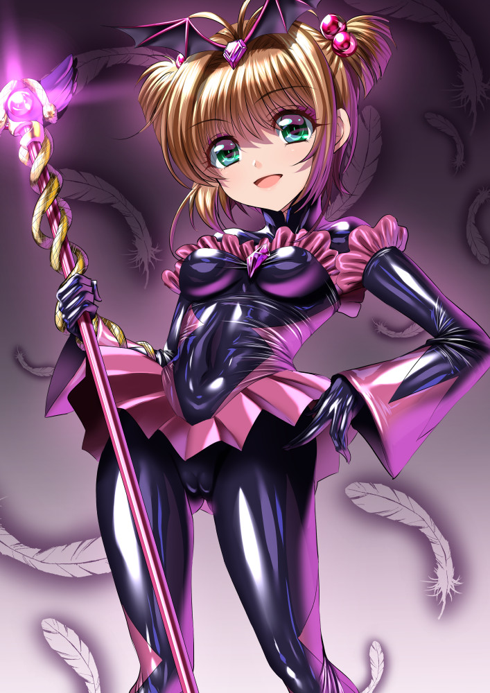 1girl antenna_hair bad_end_happy bad_end_happy_(cosplay) bad_end_precure black_bodysuit bodysuit breasts cameltoe cardcaptor_sakura commentary_request corruption cosplay covered_erect_nipples crossover_cosplay dress female_focus gloves glowing gluteal_fold green_eyes impossible_bodysuit impossible_clothes kinomoto_sakura latex latex_bodysuit latex_dress latex_gloves looking_at_viewer magical_girl medium_breasts open_mouth precure sen_(sansui) shiny_clothes shiny_skin short_hair skin_tight smile smile_precure! solo staff standing tiara