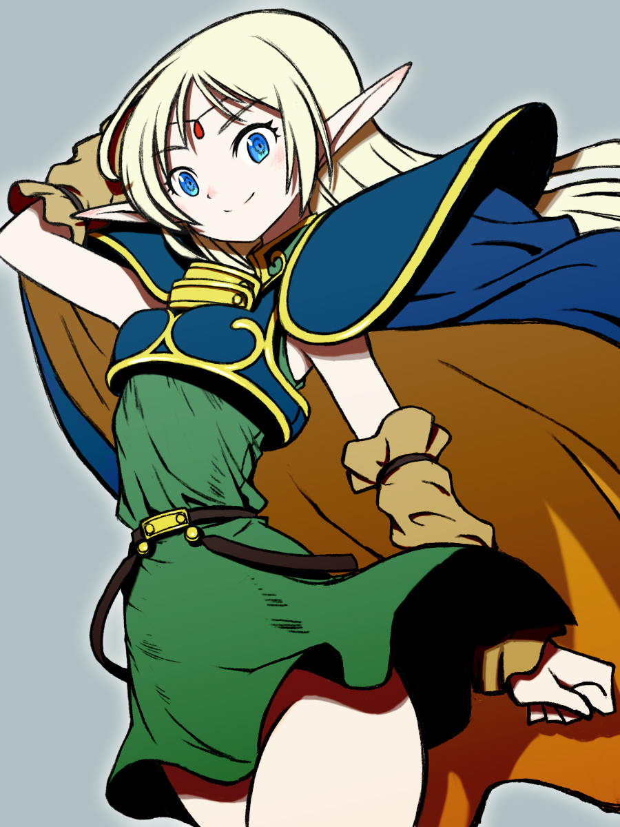 1girl arm_up armor beeru_(veil8801) blonde_hair blue_armor blue_cape blue_eyes breastplate cape circlet closed_mouth deedlit dress elf green_dress grey_background highres long_hair long_pointy_ears orange_cape pauldrons pointy_ears record_of_lodoss_war short_dress shoulder_armor simple_background sleeveless sleeveless_dress smile solo split_mouth two-sided_cape two-sided_fabric two-tone_cape