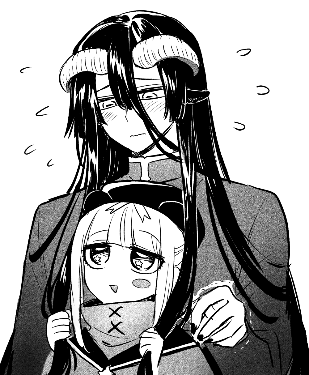 1boy 1girl aurora_sya_lis_kaymin blush chub_taeng demon_cleric grabbing_another&#039;s_hair greyscale highres horns long_hair looking_down looking_up maou-jou_de_oyasumi monochrome simple_background upper_body white_background