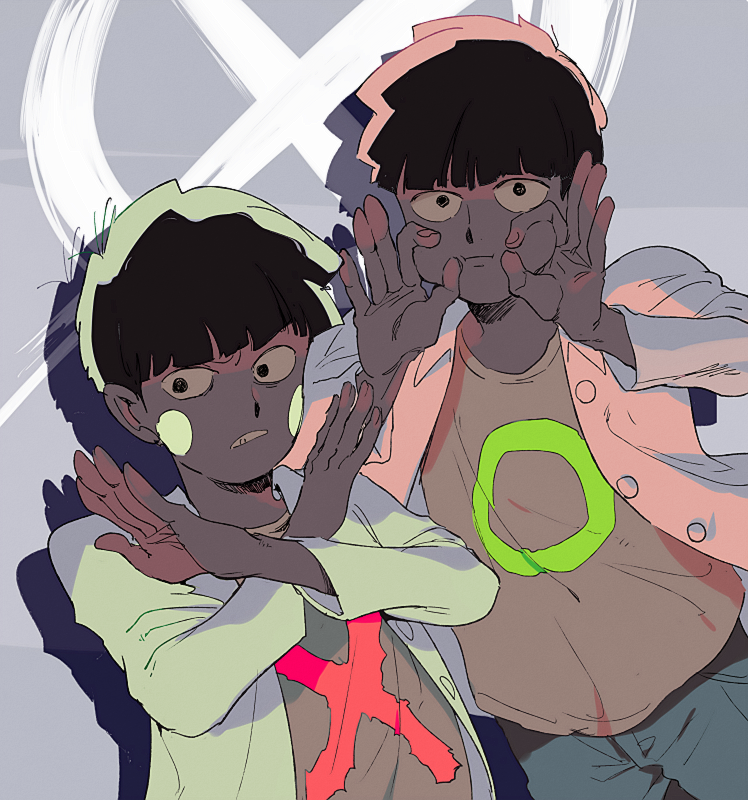 2boys :t alternate_costume annoyed aoki_(fumomo) black_eyes black_hair blue_pants blunt_bangs blush_stickers brown_shirt buttons casual cheek_pinching clenched_teeth closed_mouth collared_jacket commentary_request cowboy_shot crossed_arms denim dual_persona ekubo_(mob_psycho_100) expressionless fingernails floating_clothes grey_background jacket jeans kageyama_shigeo long_sleeves messy_hair mob_psycho_100 multiple_boys ok_sign open_clothes open_jacket pants pinching possessed shirt short_hair t-shirt teeth white_jacket