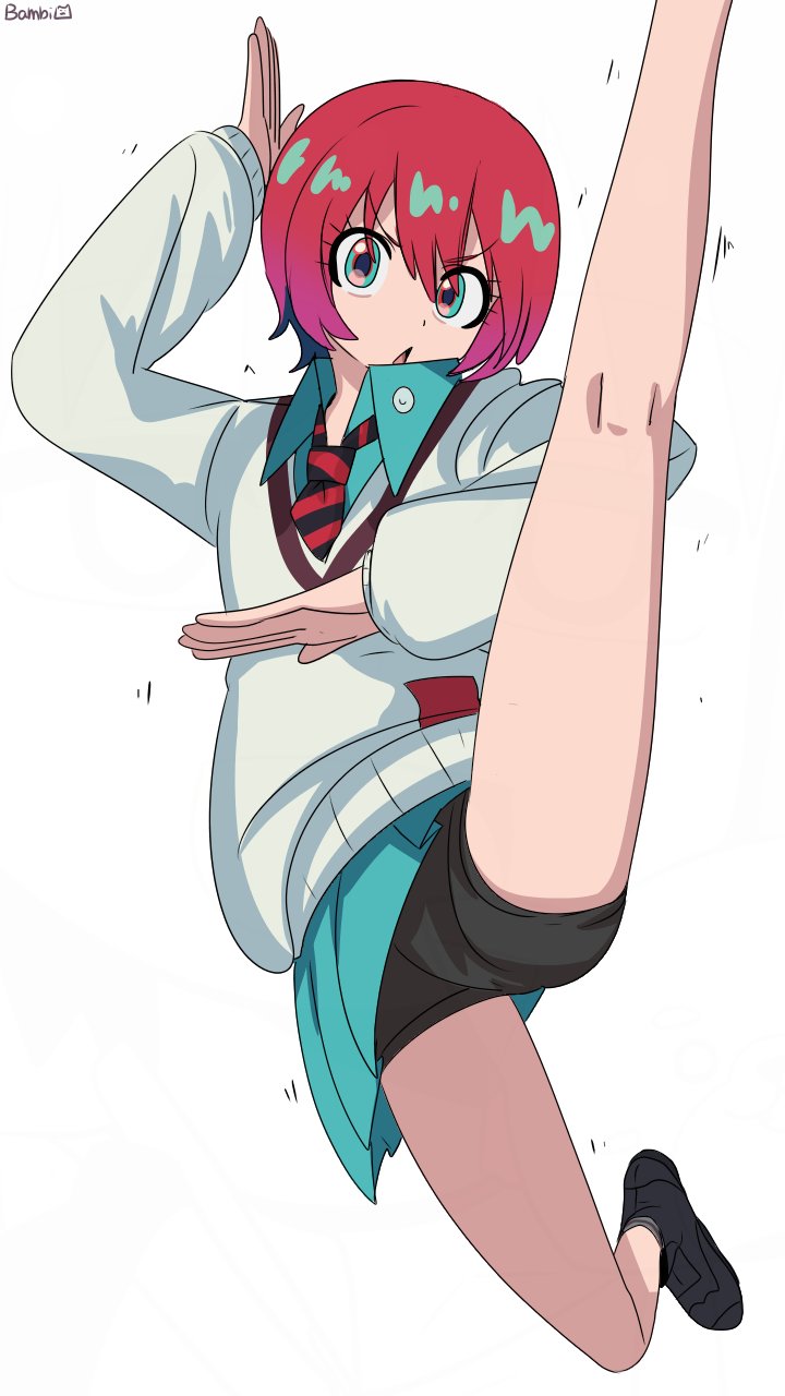 1girl amate_yuzuriha aqua_eyes aqua_shirt aqua_skirt bambi2000line bike_shorts collared_shirt gundam gundam_gquuuuuux hand_up high_kick highres kicking leg_up long_sleeves looking_at_viewer necktie open_mouth red_hair school_uniform shirt short_hair simple_background skirt solo sportswear sweater white_background