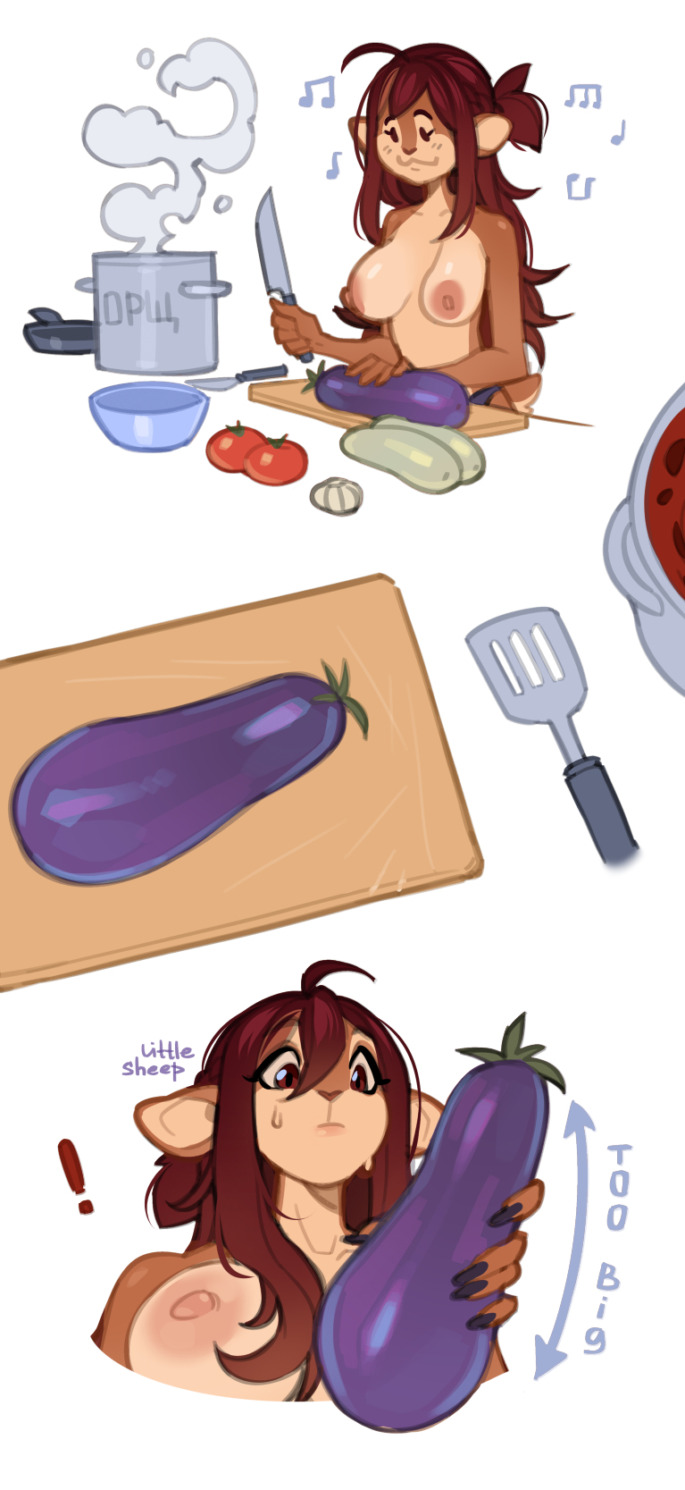 ! 1girl ahoge animal_ears artist_name brown_hair collarbone cooking_pot cutting cutting_board deer_ears deer_girl eggplant food furry furry_female hair_between_eyes highres little_sheep long_hair nipples original smile tomato