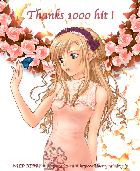 1girl arm_behind_back artist_name asymmetrical_bangs bad_id blonde_hair blue_eyes bug butterfly commentary_request curly_hair dress floral_print flower frilled_headband hair_flower hair_ornament hand_up insect izumi_natsuka lace long_hair looking_to_the_side milestone_celebration original pink_dress pink_flower pink_nails pink_rose purple_flower ringlets rose sidelocks sleeveless sleeveless_dress solo upper_body