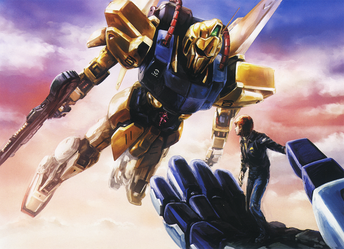 2boys aeug amuro_ray beam_rifle cable carrying cloud commentary energy_gun english_commentary fake_screenshot flying gundam gundam_mk_ii hyaku_shiki jacket kudou_ryou machinery mecha mecha_pilot_suit military_uniform mobile_suit multiple_boys official_art open_hatch painting_(medium) pilot promotional_art quattro_bajeena radio_antenna realistic red_hair retro_artstyle riding robot roundel scan science_fiction spacesuit spoilers third-party_source traditional_media weapon zeta_gundam