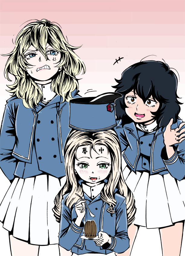 3girls andou_(girls_und_panzer) anger_vein angry arm_behind_back bc_freedom_(emblem) bc_freedom_military_uniform black_hair blonde_hair blue_headwear blue_jacket blue_vest blush brown_eyes cake crumbs dark-skinned_female dark_skin drill_hair eating emblem food girls_und_panzer gradient_background hand_up hat high_collar jacket long_hair long_sleeves looking_at_another looking_down marie_(girls_und_panzer) medium_hair messy_hair multiple_girls open_mouth oshida_(girls_und_panzer) pleated_skirt s590220 shako_cap skirt smile spoon tearing_up teeth thighs tongue vest white_skirt