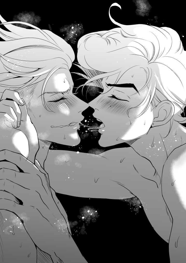 2boys blush diamond_wa_kudakenai drooling greyscale higashikata_josuke holding_another&#039;s_wrist jojo_no_kimyou_na_bouken kishibe_rohan male_focus monochrome multiple_boys no_headband open_mouth pompadour sideways sumo_(komokomo1201) sweat topless_male yaoi