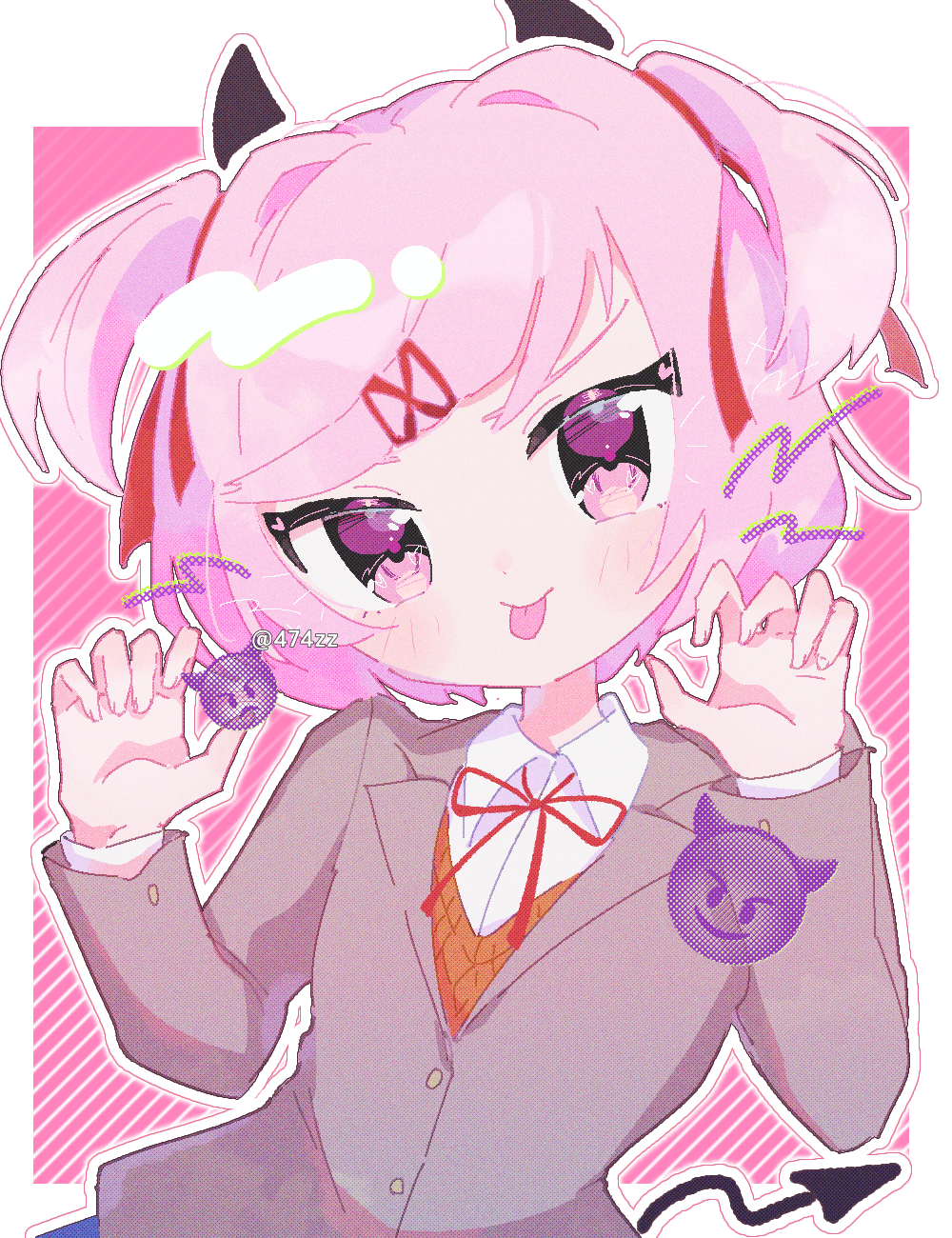 1girl :p anzen_robo_(474zz) artist_name black_horns black_tail blush border brown_sweater_vest buttons claw_pose closed_mouth collared_shirt commentary demon_emoji demon_girl demon_horns demon_tail diagonal_stripes doki_doki_literature_club dress_shirt emoji english_commentary grey_jacket hair_ornament hair_ribbon hands_up heart heart_in_eye highres horns jacket lapels long_sleeves looking_at_viewer natsuki_(doki_doki_literature_club) neck_ribbon outline outside_border pink_background pink_eyes pink_hair red_ribbon ribbon school_uniform shirt short_hair sidelocks simple_background smile solo striped_background sweater_vest swept_bangs symbol_in_eye tail tongue tongue_out twitter_username two_side_up upper_body white_border white_outline white_shirt wing_collar x_hair_ornament