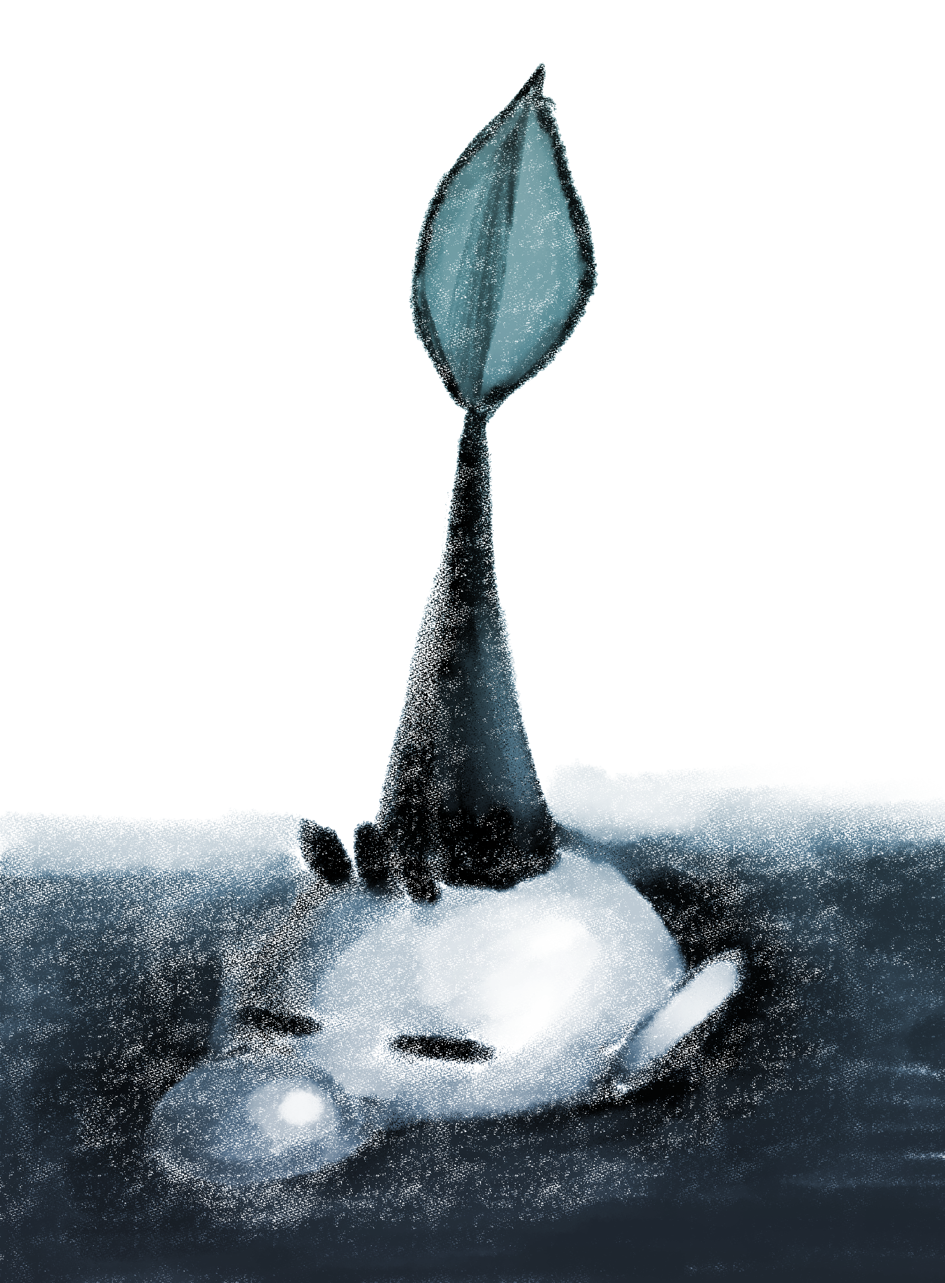 1boy absurdres big_nose buried closed_eyes commentary_request greyscale highres iat-418 leaf male_focus monochrome nintendo olimar olimin pikmin_(series) pointy_ears short_hair solo very_short_hair white_background
