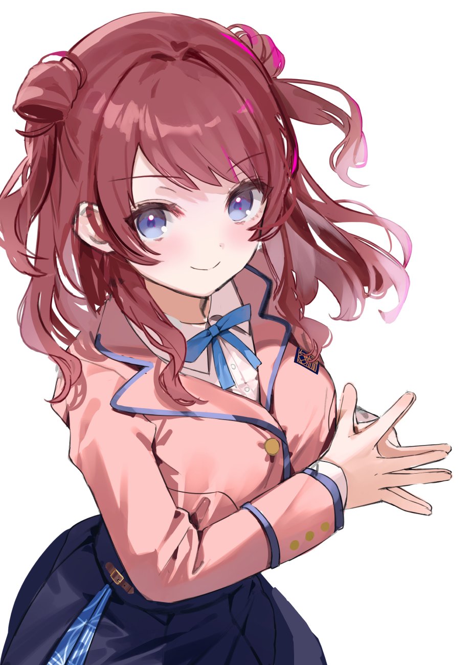 1girl blazer blue_eyes blue_overskirt blue_ribbon blue_skirt blush breasts brown_jacket commentary double_bun gakuen_idolmaster hair_bun hanami_saki hatsuboshi_gakuen_school_uniform highres idolmaster jacket kanda_done long_hair looking_at_viewer medium_breasts neck_ribbon own_hands_together red_hair ribbon school_uniform shirt simple_background skirt smile solo two_side_up white_background white_shirt