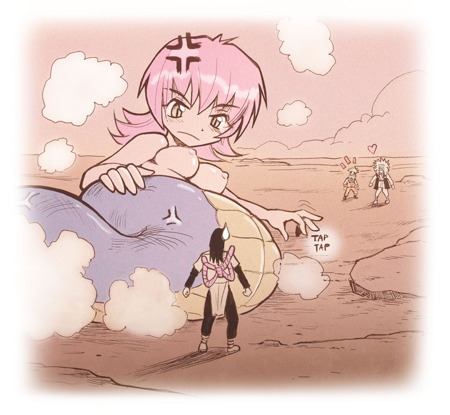 1girl 3boys angry anna_(karbo) felarya giant giantess jiraiya_(naruto) karbo lamia monster_girl multiple_boys naruto naruto_(series) nipples nude orochimaru_(naruto) pink_hair recolor slit_pupils uzumaki_naruto yellow_eyes