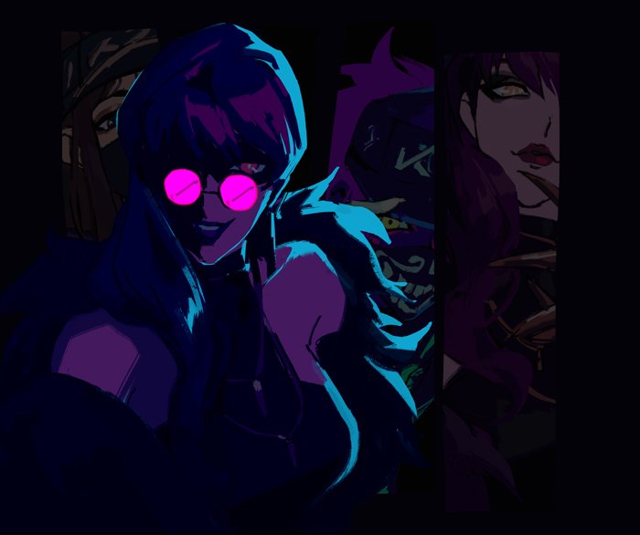 2girls akali breasts dark_background evelynn_(league_of_legends) glowing_glasses k/da_(league_of_legends) k/da_akali k/da_evelynn large_breasts league_of_legends lllllup1 looking_at_viewer multiple_girls pink_hair yellow_eyes
