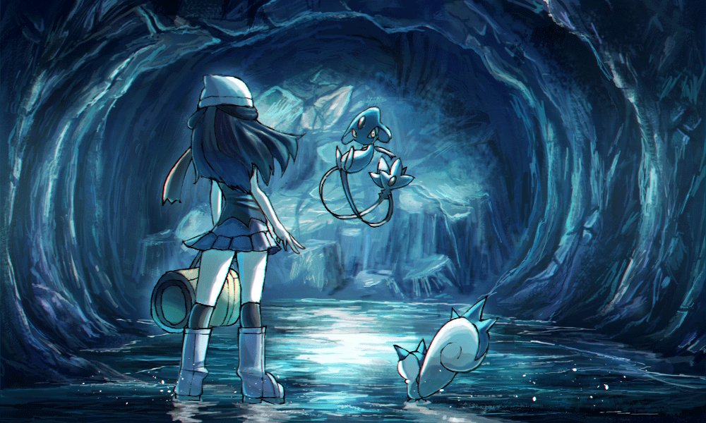 1girl arm_at_side azelf bad_id bad_twitter_id bag beanie boots cave_interior commentary_request dawn_(pokemon) duffel_bag floating floating_hair gen_4_pokemon hat legendary_pokemon nintendo pachirisu pokemon pokemon_(creature) pokemon_dppt rowdon scarf socks standing white_headwear