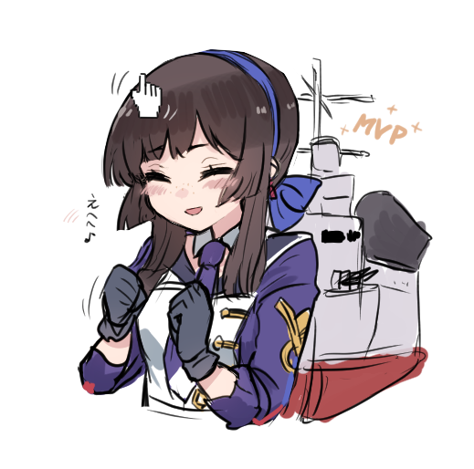 1girl black_gloves blue_hairband blue_jacket blue_necktie closed_eyes commentary_request cursor gloves hairband jacket kantai_collection machinery mast military_jacket military_uniform mogador_(kancolle) mvp necktie petting simple_background solo terrajin upper_body white_background