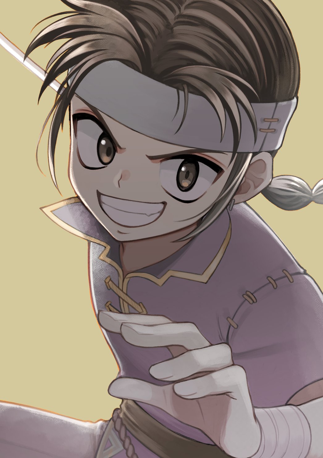1boy braid braided_ponytail fire_emblem fire_emblem:_the_blazing_blade green_eyes green_hair guy_(fire_emblem) headband highres looking_at_viewer male_focus mongolian_clothes nintendo smile teeth yuzukibooks