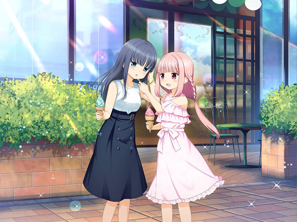 2girls animal_ears artist_request bare_shoulders bear_ears belt belt_buckle blouse blue_belt blue_eyes blue_footwear blue_hair blue_skirt blunt_bangs bow bracelet braid buckle bush casual chair clothing_cutout collarbone day dot_nose dress feeding food frilled_dress frilled_sleeves frills full_body game_cg gold_bracelet hand_in_own_hair high-waist_skirt high_heel_sandals high_heels holding holding_food holding_ice_cream holding_ice_cream_cone holding_spoon ice_cream ice_cream_cone jewelry lace lace-trimmed_shirt lace_trim lens_flare light_blush light_particles light_rays long_hair looking_at_another low_ponytail magia_record:_mahou_shoujo_madoka_magica_gaiden mahou_shoujo_madoka_magica medium_dress medium_skirt multiple_girls nanami_yachiyo official_alternate_costume official_art open_mouth outdoors pink_bow pink_dress pink_eyes pink_footwear pink_hair pleated_dress pleated_skirt ponytail sandals shirt shop short_sleeves shoulder_cutout side_braid sidelocks skirt sleeveless sleeveless_shirt sliding_doors smile sparkle spoon standing table tamaki_iroha tile_floor tiles toes tsurime very_long_hair waist_bow white_shirt