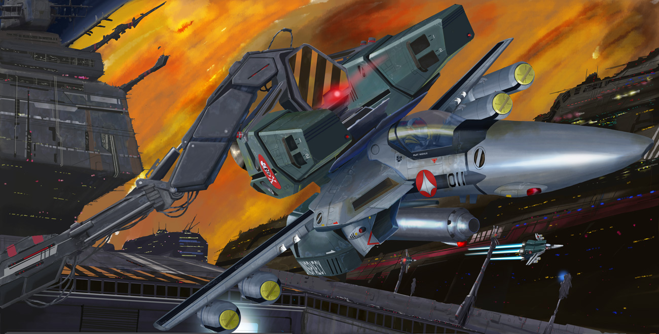 antennae armor bad_id bad_pixiv_id flight_suit g-suit gunpod helmet i.t.o_daynamics ichijou_hikaru insignia jolly_roger launch_pad launching macross macross:_do_you_remember_love? mecha missile nuclear_weapon pilot_suit realistic robot science_fiction sdf-1 spacecraft spacesuit u.n._spacy vehicle_focus vf-1 vf-1_strike vf-1_super