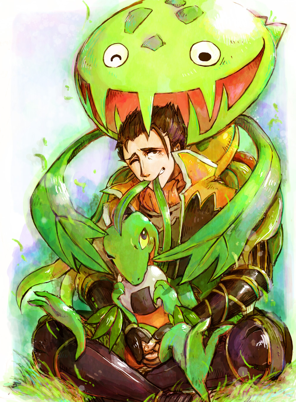 1boy armor ascot biting brown_eyes brown_hair carnivine crossed_legs eating food gen_3_pokemon gen_4_pokemon grovyle highres holding holding_pokemon hug hug_from_behind japanese_clothes looking_up male_focus nintendo on_head one_eye_closed onigiri pokemon pokemon_(creature) pokemon_conquest pokemon_on_head saika_magoichi sengoku_musou sitting smile wink yukimoto