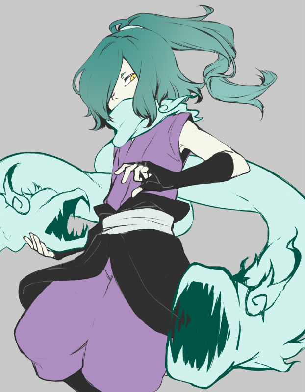 10s 1boy black_gloves fingerless_gloves flat_color gloves green_hair grey_background hair_over_one_eye japanese_clothes long_hair looking_at_viewer male_focus mochiyanagi monster_boy orochi_(youkai_watch) ponytail simple_background sleeveless solo yellow_eyes traditional_youkai youkai_watch
