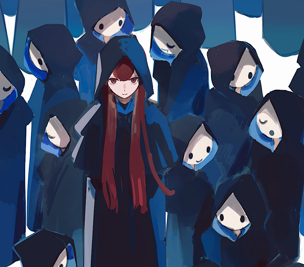 6+others :o arms_behind_back black_cloak cloak closed_eyes closed_mouth commentary crowd esloena hood hood_up hooded_cloak long_hair looking_at_viewer multiple_others original other_focus red_eyes red_hair smile symbol-only_commentary