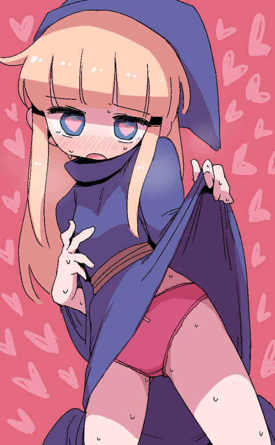 1girl belt blonde_hair blue_eyes blue_hat blush clothes_lift dokan_(dkn) dress dress_lift ear_blush hat heart heart-shaped_pupils heart_background kneeling lifting_own_clothes long_hair looking_at_viewer madou_monogatari open_mouth panties pantyshot puyopuyo red_background red_panties sidelocks solo sweat symbol-shaped_pupils thighs underwear witch_(puyopuyo)